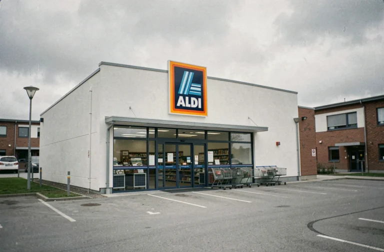 Façade extérieure d'un supermarché Aldi en Allemagne avec enseigne bleue et orange dans une zone commerciale suburbaine