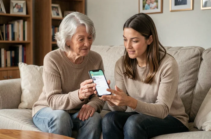 Deux femmes consultant ensemble l'application Mon Proxima sur un smartphone pour gérer une tutelle familiale à distance