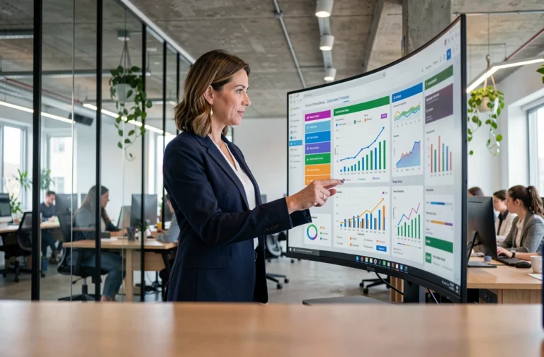 Femme d'affaires professionnelle analysant des tableaux de bord numériques dans un bureau moderne en 2024