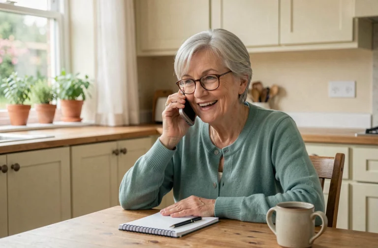 Une femme âgée souriante téléphonant à un service d'information pour seniors depuis sa cuisine, illustrant l'accessibilité des services d'aide aux personnes âgées