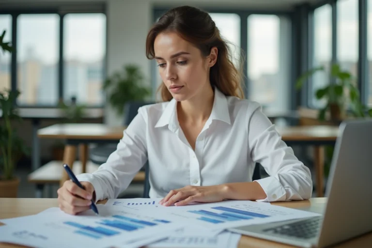 Une femme analyste financière étudiant des tableaux de marges contributives et brutes sur son bureau en open space