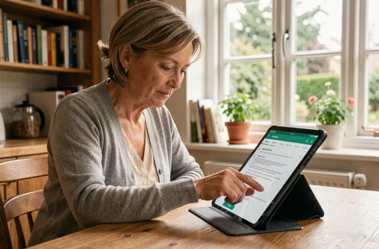 Femme utilisant l'application Mon Proxima sur une tablette pour gérer une tutelle à distance depuis son domicile