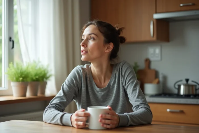 Femme réfléchissant à ses symptômes de nidation autour d'une tasse de thé dans une cuisine lumineuse