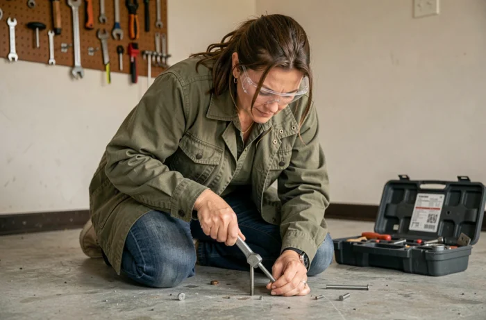 Femme bricolant dans un garage retirant un goujon d'ancrage de sol en béton avec une clé extracteur