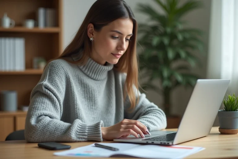 Femme comparant des prêts rapides en ligne sur un ordinateur portable dans un bureau à domicile moderne