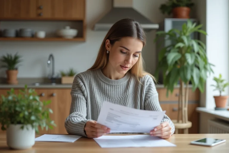 Femme consultant des documents financiers à une table en bois pour choisir la meilleure solution de crédit