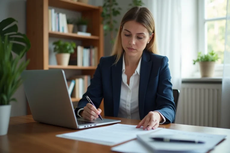 Femme consultant un dossier de crédit sur son ordinateur portable dans un bureau à domicile moderne en France