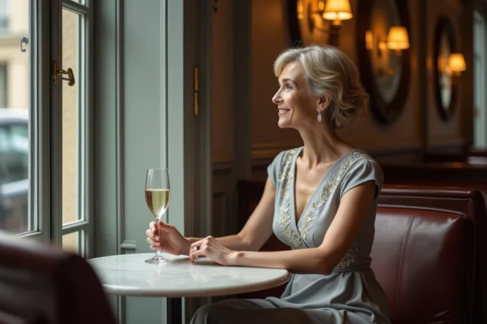 Femme élégante dans une brasserie parisienne après une cérémonie de mariage intime et discrète