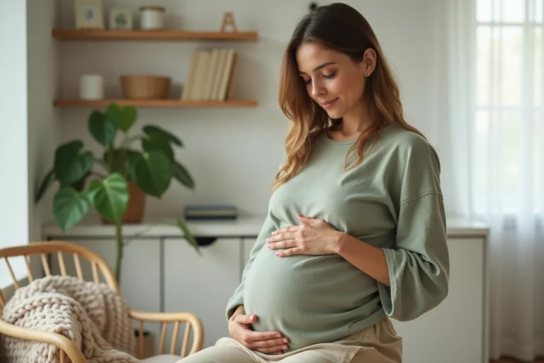 Femme enceinte posant ses mains sur son ventre arrondi dans un salon scandinave chaleureux, illustrant les échanges mère-fœtus pendant la grossesse