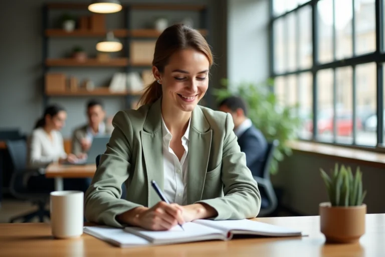 Femme épanouie au travail prenant des notes dans un carnet dans un bureau en open space, illustrant le sens et le plaisir au quotidien