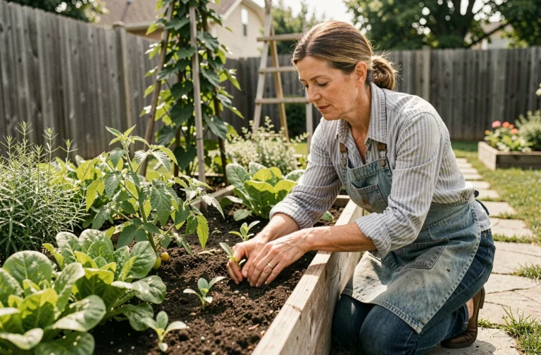 Femme jardinant dans un potager surélevé en bois avec plants de tomates et salades, appuyant des semis dans la terre