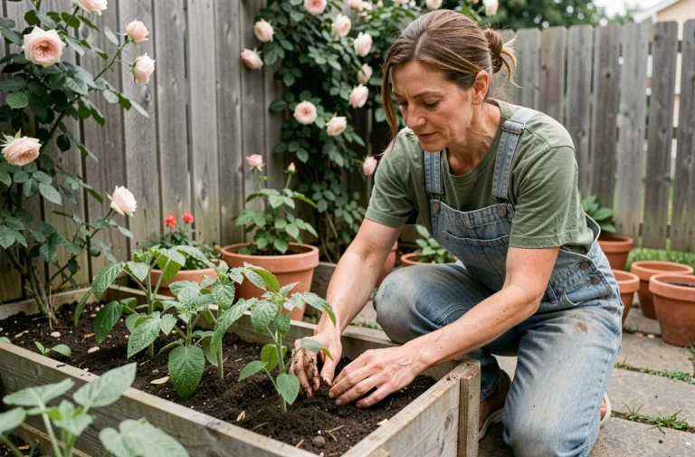 Femme jardinant dans un potager surélevé en bois, plantant des tomates avec soin dans un jardin suburban verdoyant