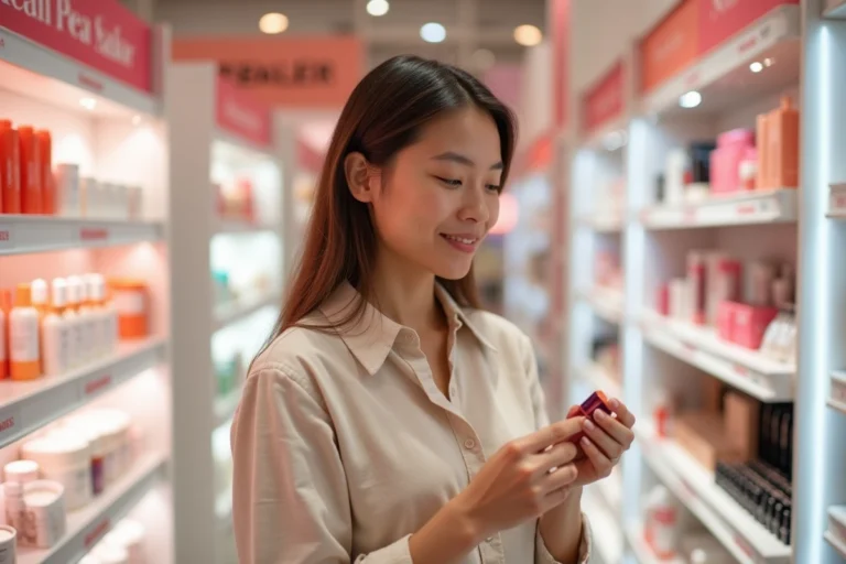 Jeune femme française découvrant les produits cosmétiques dans un magasin Ulta Beauty aux États-Unis