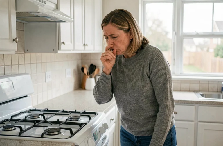 Femme détectant une odeur d'essence près d'une cuisinière à gaz dans une cuisine résidentielle