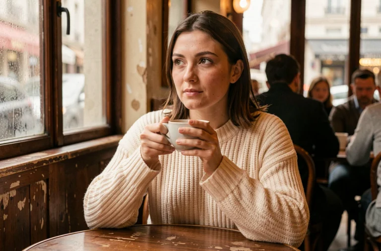 Femme pensive dans un café parisien, perdue dans ses pensées, illustrant le phénomène de penser à quelqu'un