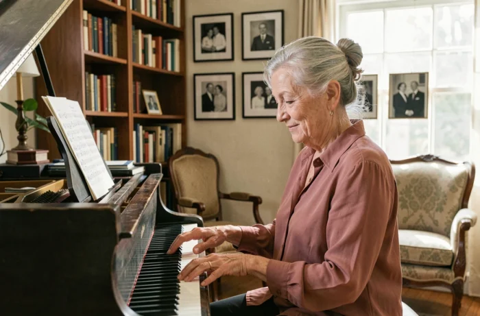 Femme âgée jouant du piano dans un salon décoré de photos de famille pour un anniversaire de 50 ans de mariage