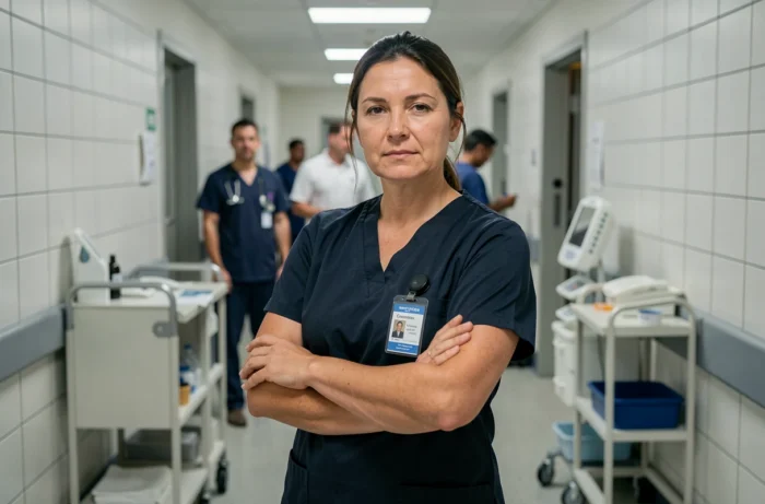Femme travaillant dans un couloir d'hôpital avec badge professionnel, représentant les professions intermédiaires féminines dans le secteur médical et social