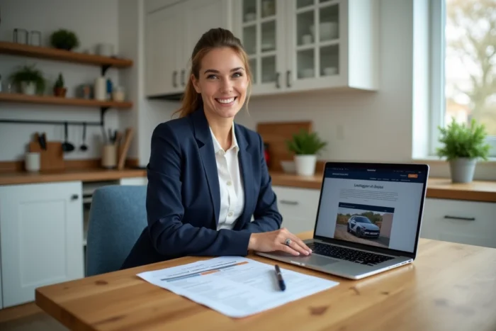 Femme recherchant la date de son prochain contrôle technique sur un site officiel depuis son domicile