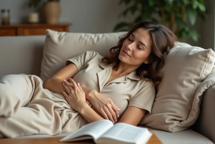 Femme allongée sur un canapé en tenue décontractée, se reposant et portant attention aux signes de nidation après FIV