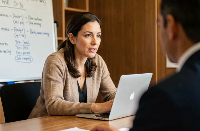 Femme en réunion de travail dans une salle de conférence, incarnant les responsabilités intermédiaires de coordination et d'encadrement professionnel au féminin