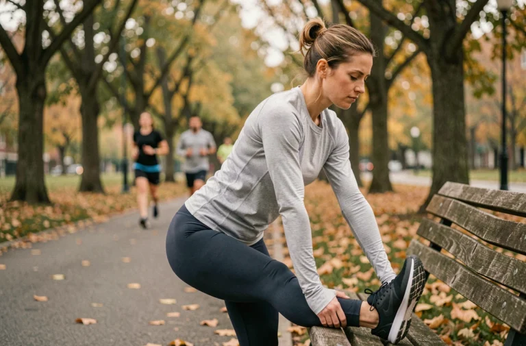 Femme en tenue de running s'étirant dans un parc urbain en automne avant une séance de course à pied