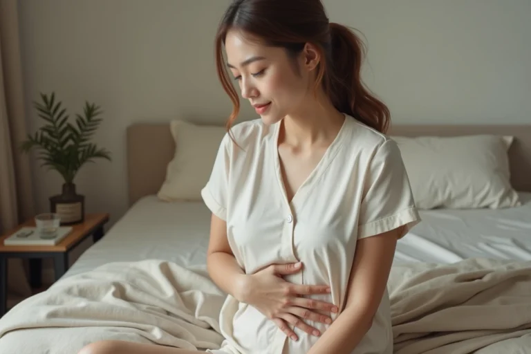 Femme aux trente ans tenant sa main sur le ventre après un transfert d'embryon, assise sur un lit dans une chambre apaisante