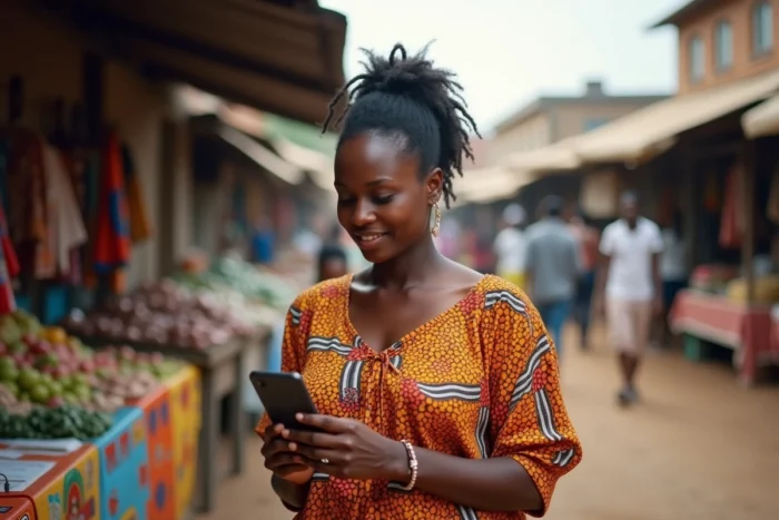Femme africaine consultant son application Wave au marché pour vérifier un prêt d'argent reçu rapidement