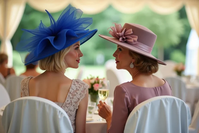 Deux femmes élégantes portant des chapeaux de cérémonie lors d'un mariage en plein air, l'une en organza bleu cobalt et l'autre en feutre mauve, assises et en conversation naturelle