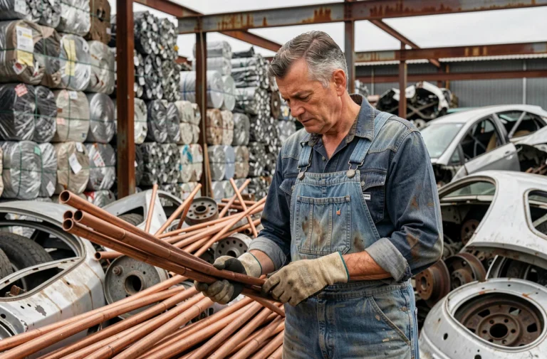 Ferrailleur examinant des métaux ferreux et non ferreux dans un centre de recyclage industriel