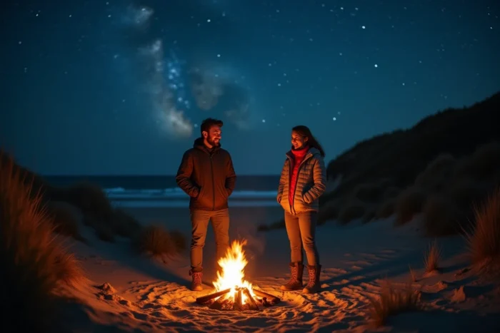 Deux randonneurs autour d'un feu de camp sur les dunes landaises la nuit, avec vue sur l'océan Atlantique et ciel étoilé