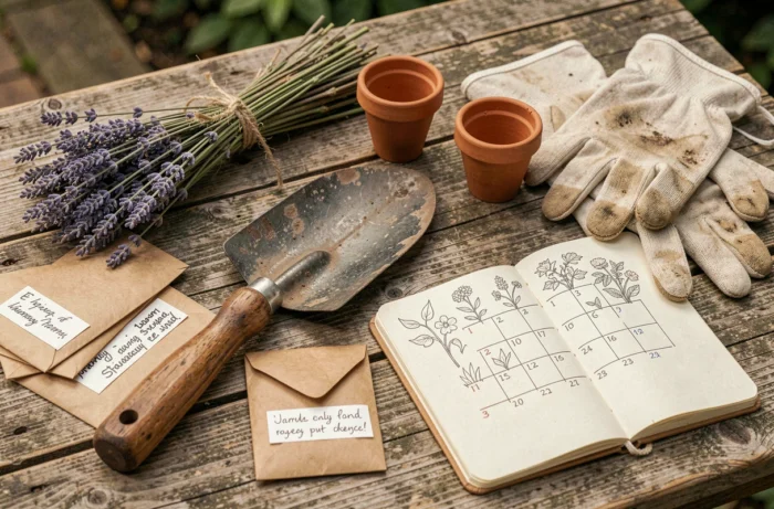 Flat lay d'outils de jardinage, sachets de graines et gants en toile sur une surface en bois recyclé pour illustrer les tendances jardinage