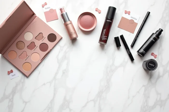 Flat lay de produits de beauté américains achetés chez Ulta Beauty, idéal pour les Français voyageant aux USA