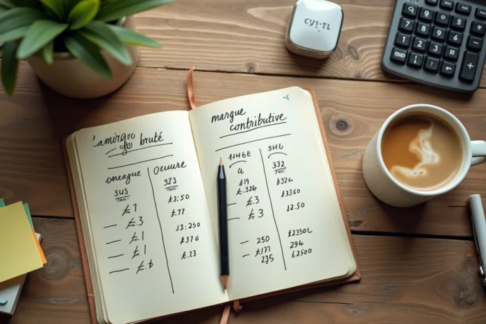 Vue aérienne d'un bureau avec un carnet manuscrit comparant marge brute et marge contributive, calculatrice et café