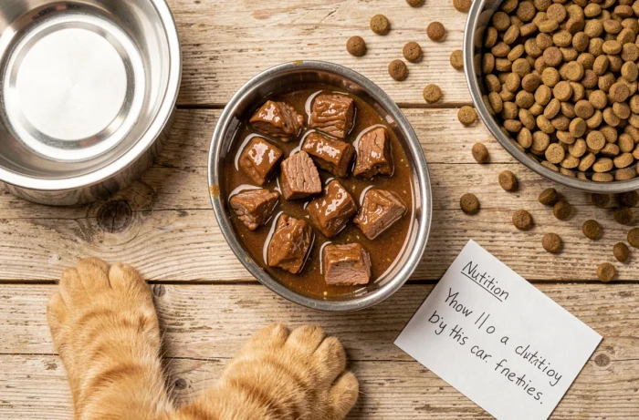 Vue de dessus d'une barquette de pâtée pour chat ouverte sur bois clair avec gamelle en inox et notes nutritionnelles