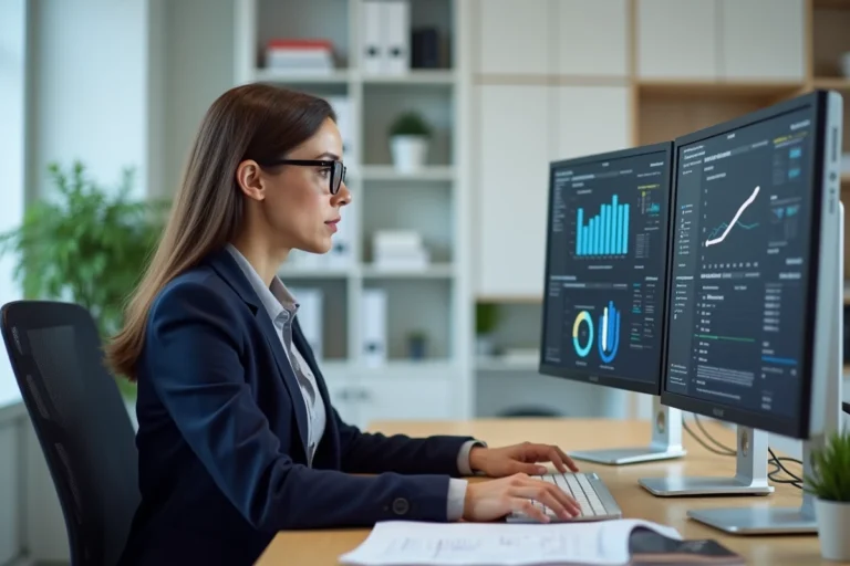 Professionnelle analysant des tableaux de bord numériques pour optimiser la gestion des informations en ligne