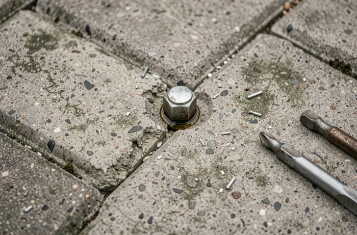 Gros plan d'un goujon d'ancrage partiellement extrait d'une surface en béton sans dommages visibles