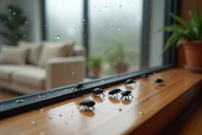 Gros plan d'insectes noirs et coléoptères rassemblés sur un rebord de fenêtre humide après la pluie