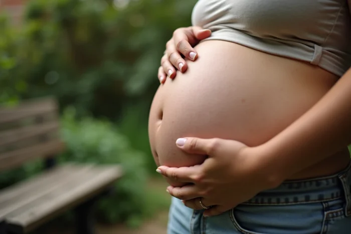 Gros plan sur le ventre d'une femme enceinte avec les mains des deux parents, symbolisant le lien maternel et les échanges biologiques pendant la grossesse