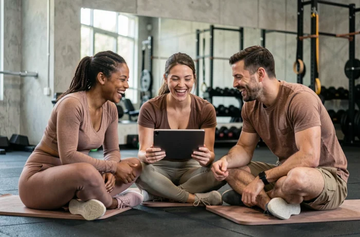 Groupe d'amis sportifs consultant un plan d'entraînement sur tablette dans une salle de fitness moderne