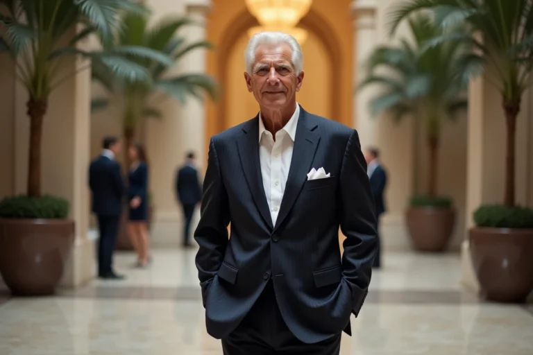 Homme élégant en costume bleu marine dans le hall d'un hôtel de luxe à Beverly Hills, évoquant la fortune et le prestige d'un homme d'affaires influent du milieu du spectacle américain
