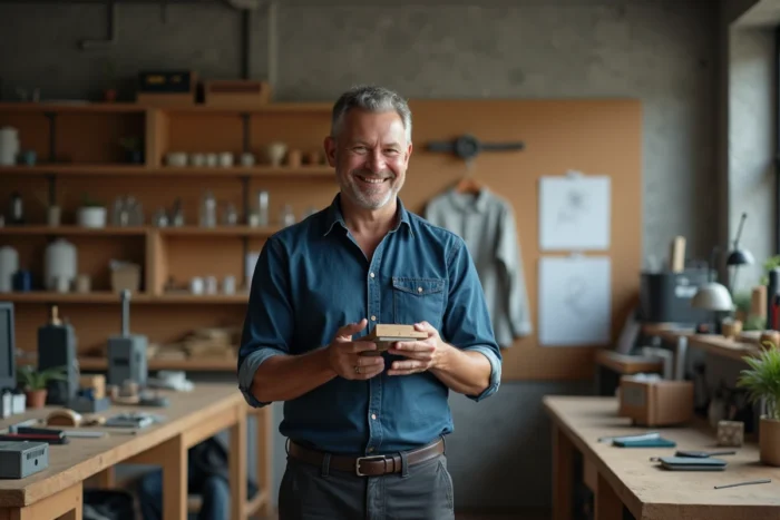 Homme concentré dans un atelier créatif tenant un objet artisanal, symbolisant la fierté du travail bien fait et le plaisir professionnel