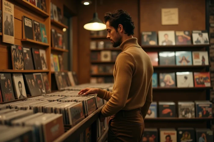 Homme en col roulé camel et pantalon taille haute feuilletant des vinyles dans un magasin de disques vintage, mode masculine années 60