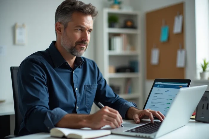 Homme comparant des offres de crédit sur ordinateur portable dans un bureau à domicile moderne
