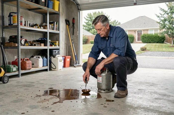 Homme inspectant une fuite d'essence près d'un générateur dans un garage résidentiel
