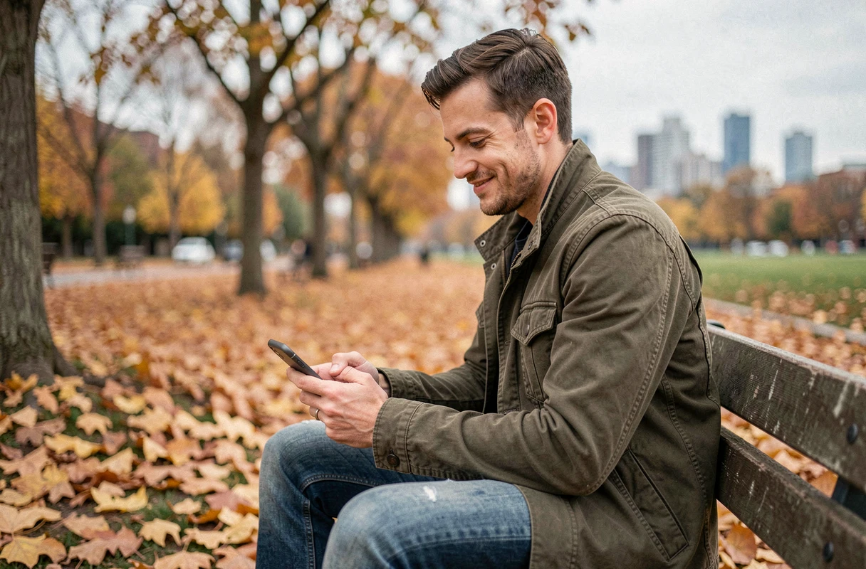Homme dans un parc en automne regardant son téléphone avec un sourire pensif, évoquant la connexion mentale entre deux personnes