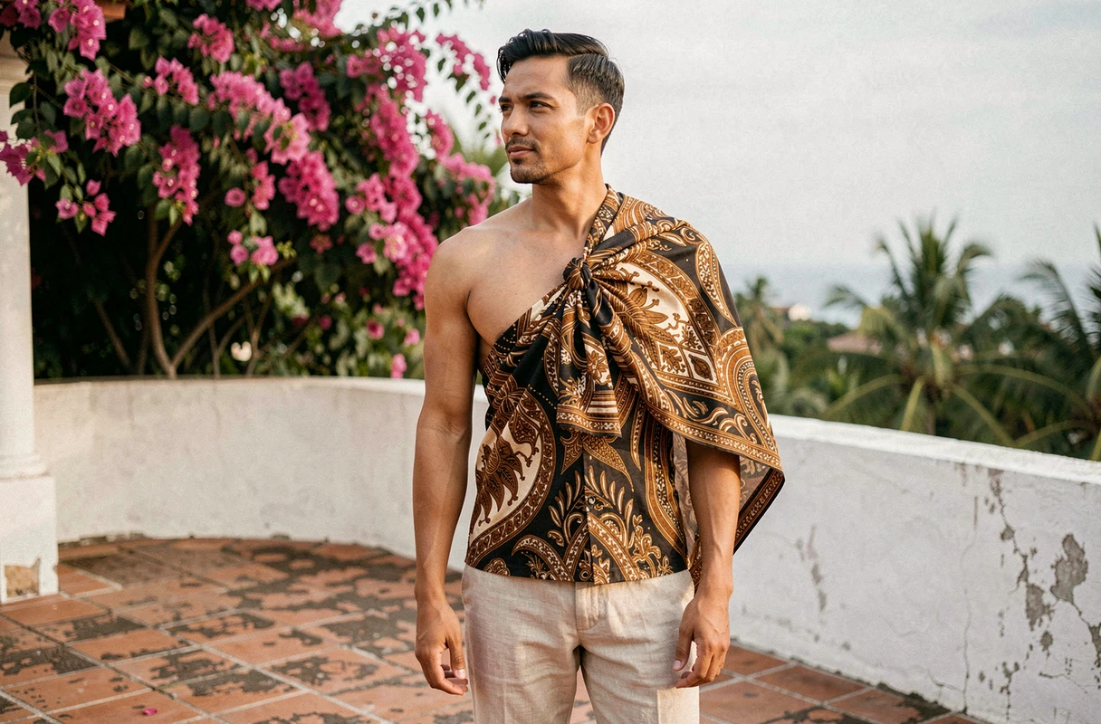 Homme portant un paréo imprimé batik noué à l'épaule sur une terrasse de villa tropicale