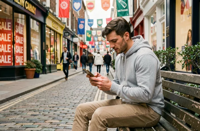 Homme consultant son téléphone pour planifier ses achats lors des soldes à Carnaby Street à Londres