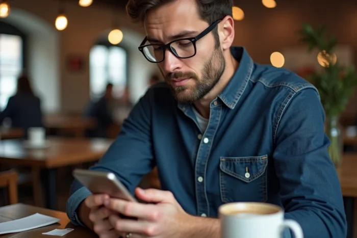 Homme consultant des offres de prêts rapides en ligne sur smartphone dans un café urbain