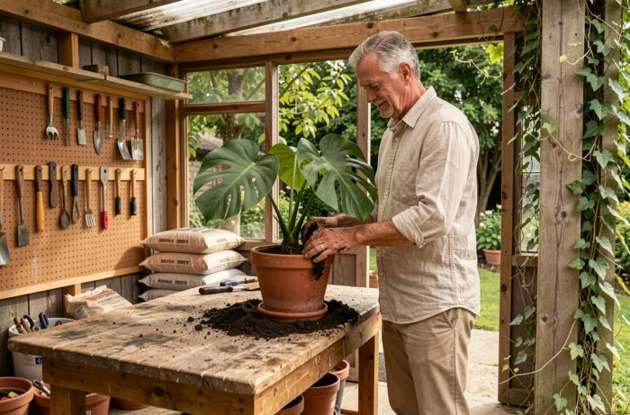 Homme rempotant une plante monstera dans un atelier de jardinage en plein air avec des outils vintage et des pots en terre cuite