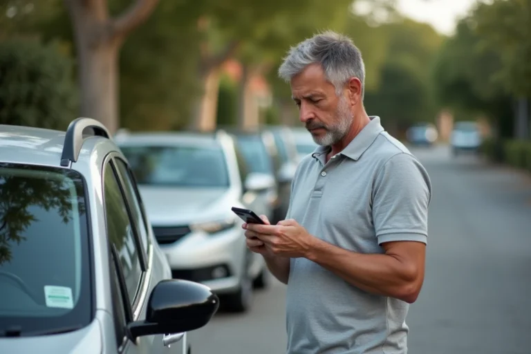 Homme consultant le sticker de contrôle technique sur le pare-brise de sa voiture dans un parking résidentiel